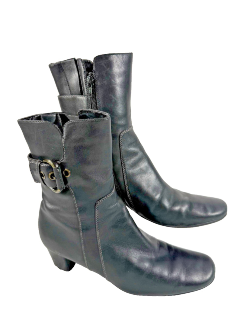 Ecco Boots Shoe Black Leather Career Zip Block Heel Classic size 8